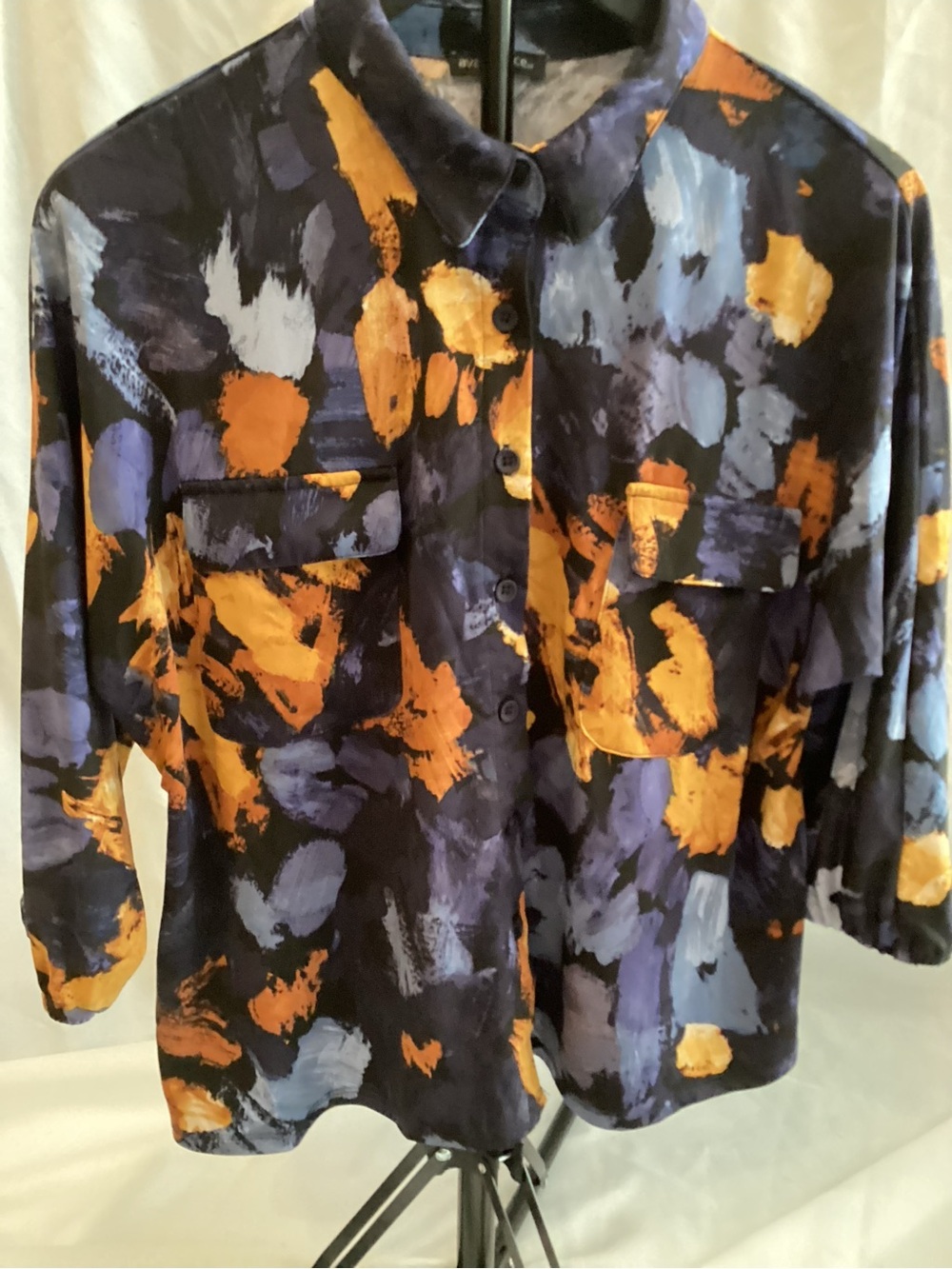 Ava & Grace Abstract Brushstroke Button-Down Shirt in Black, Orange & Purple